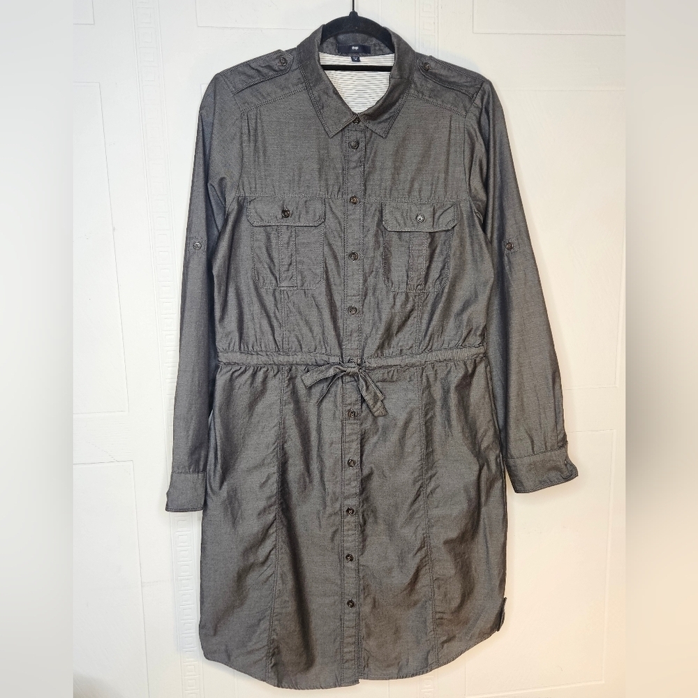 GAP Graphite Gray Roll Tab Long Sleeve Shirt Dress Midi Utility Women M